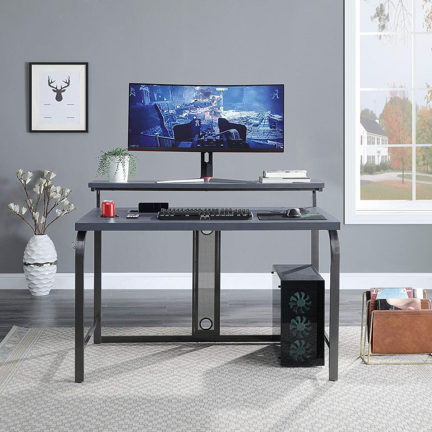 Ultimate 54" Gray Wood Gaming Desk with Integrated Power and Storage