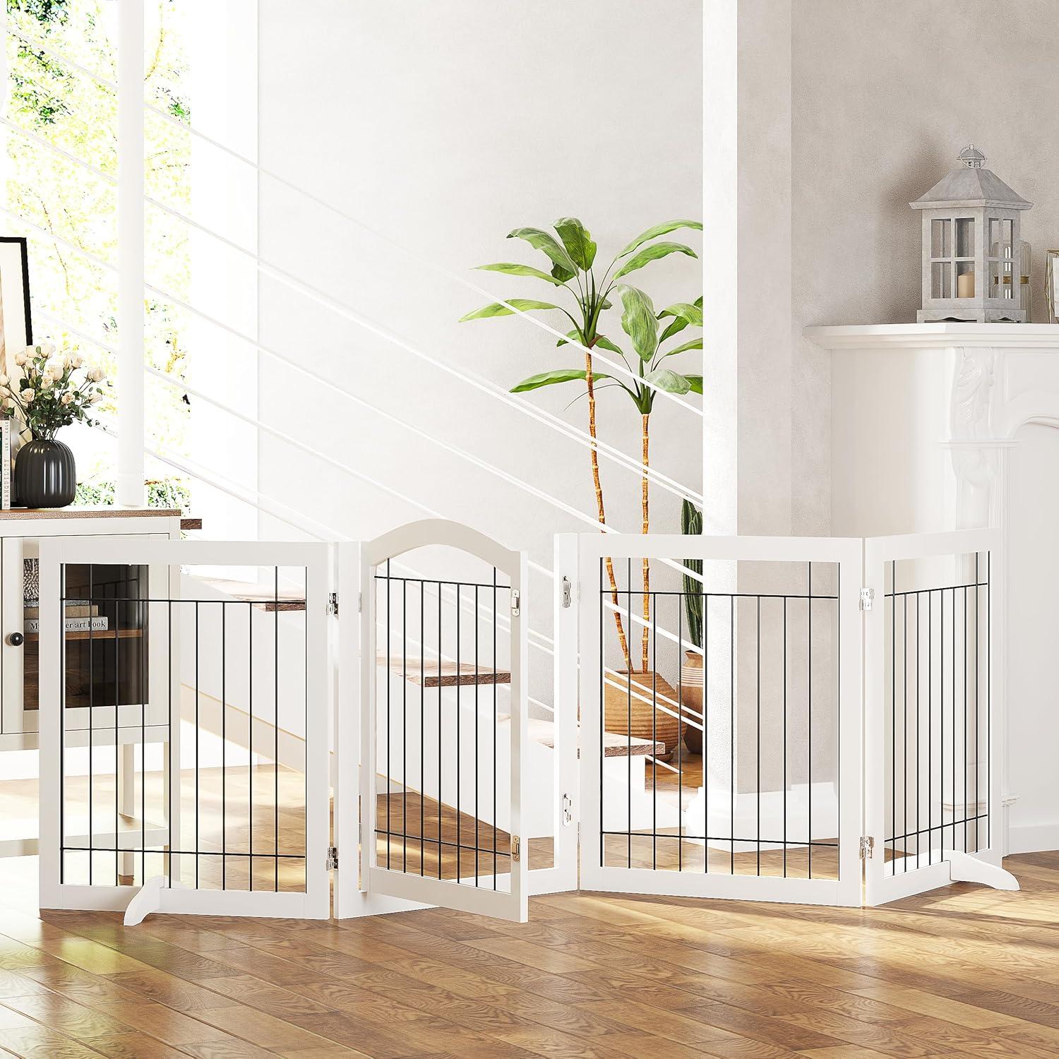 White Freestanding Solid Wood and Metal Pet Gate with Door