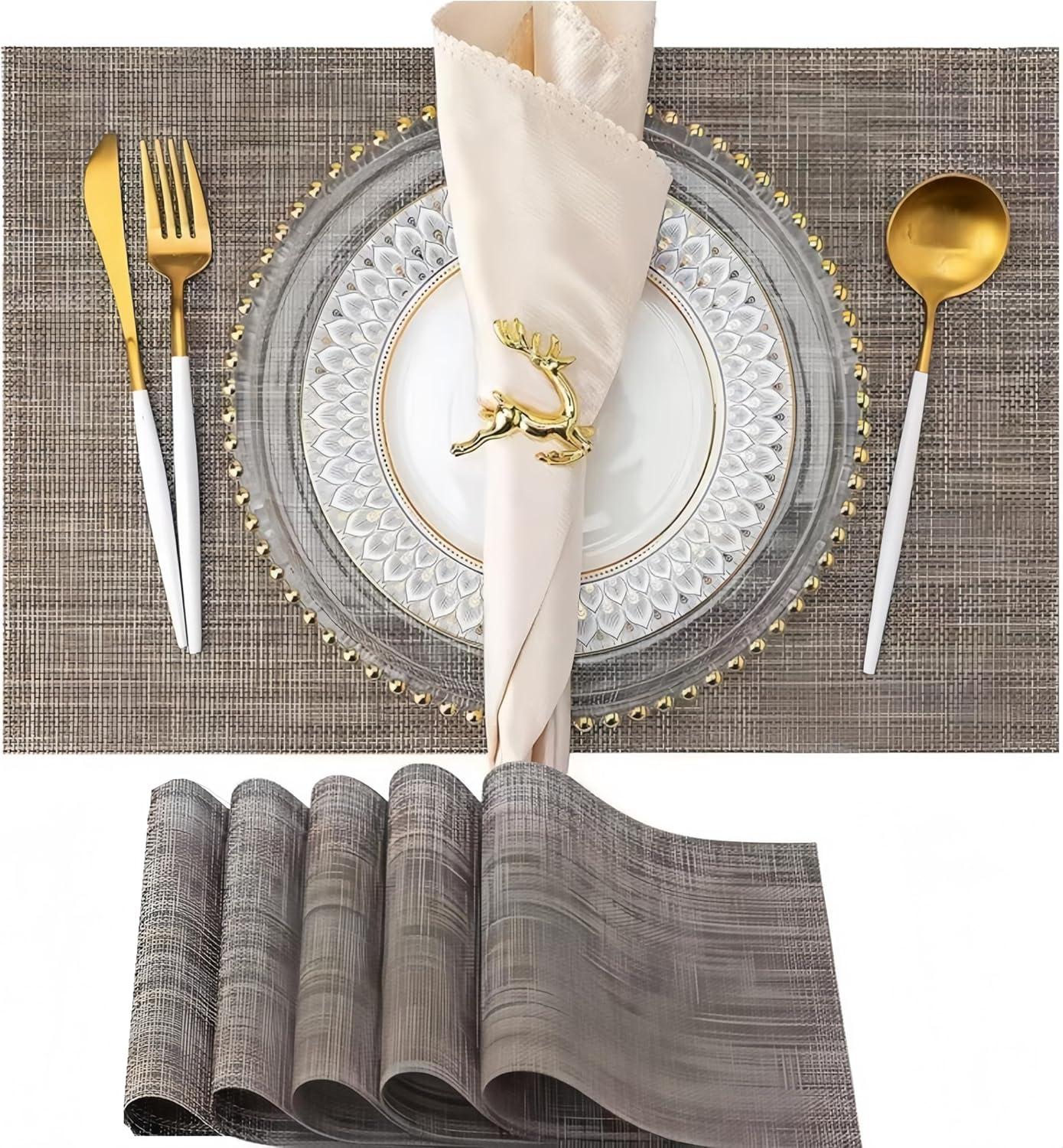 Brown Woven PVC Placemats Set of 6 for Dining Table