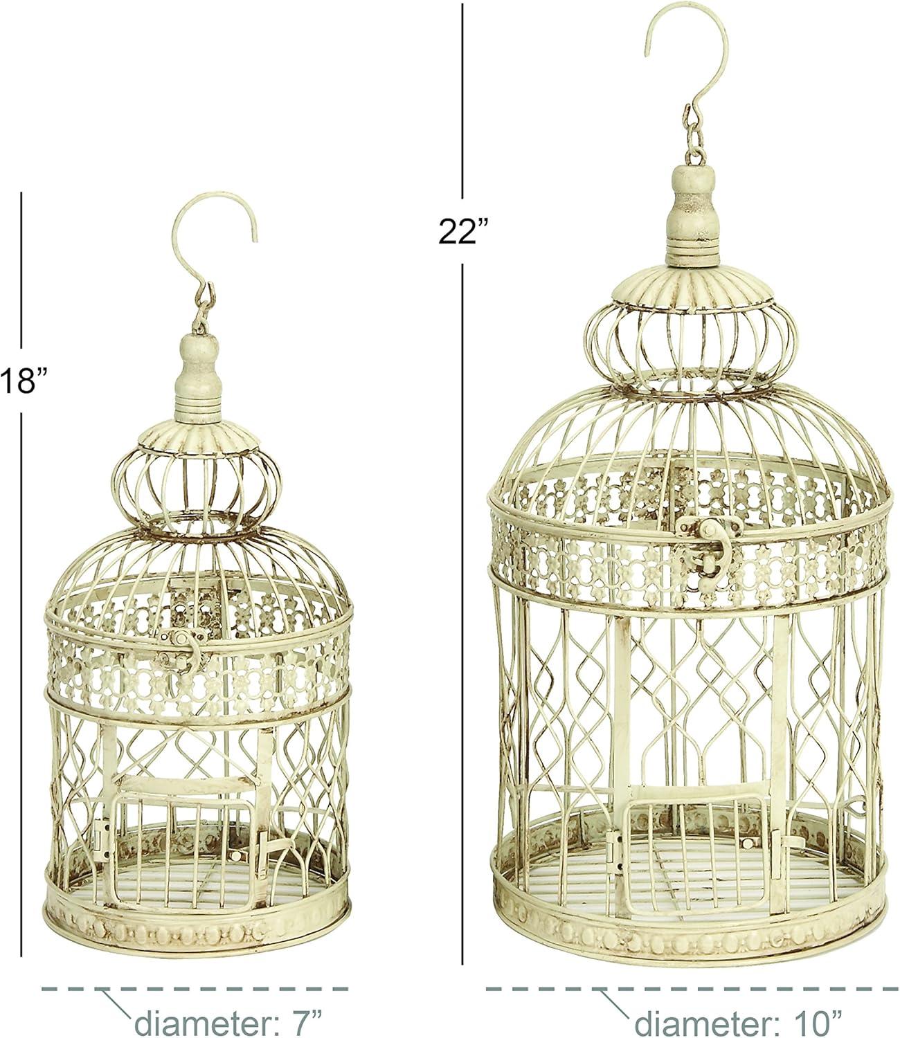 DecMode Hinged Top Cream Metal Birdcage with Latch Lock Closure and Hanging Hook, Set of 2