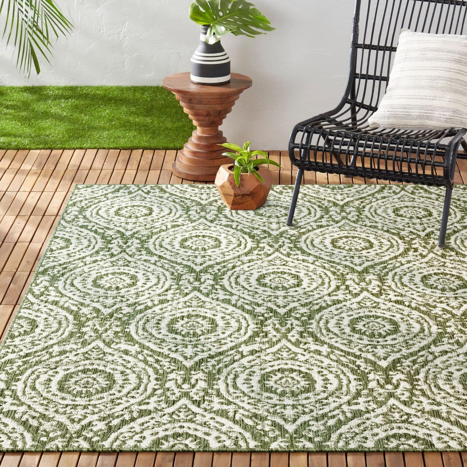 Olive and Ivory Moroccan Damask Indoor/Outdoor Rug