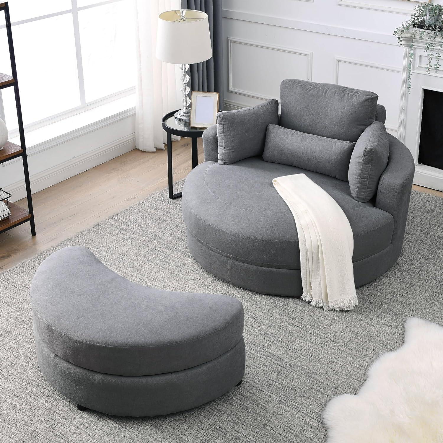 Dark Gray Linen Swivel Barrel Chair with Ottoman