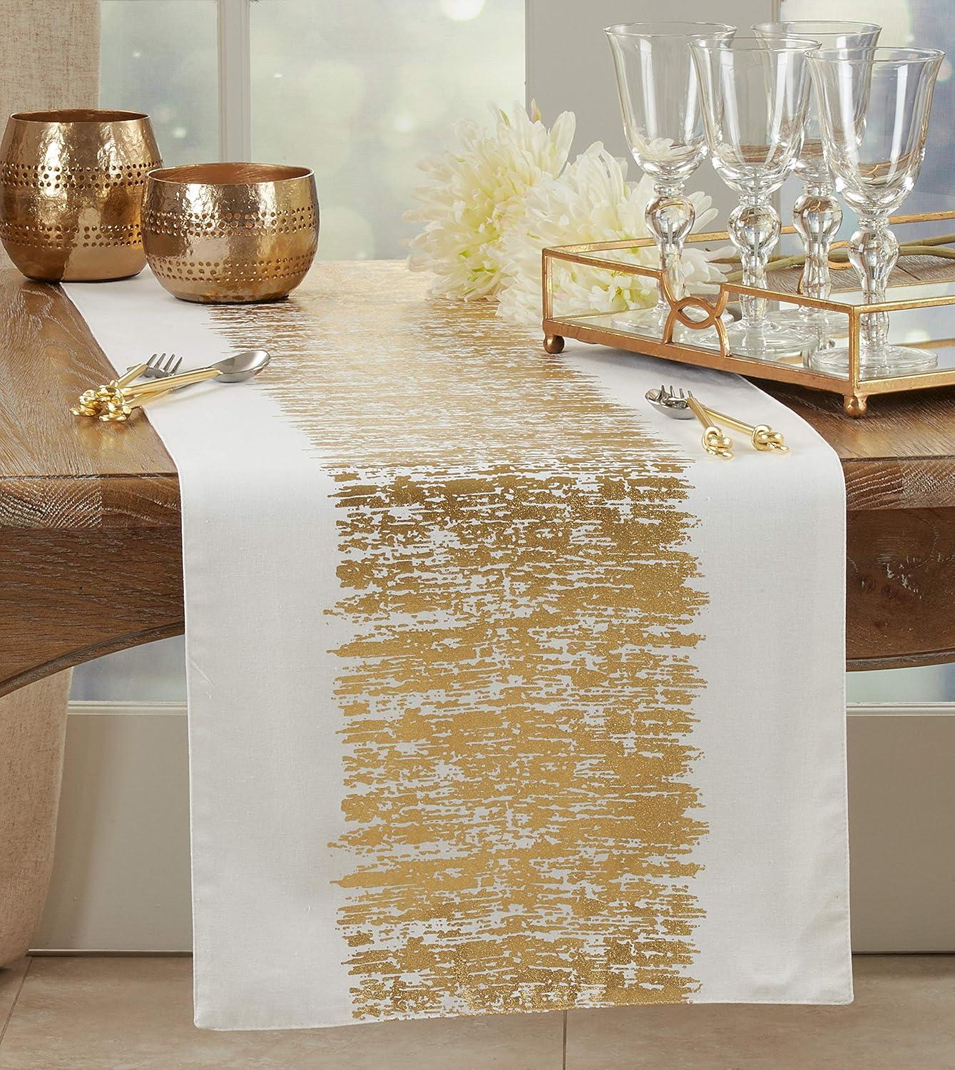 Gold Metallic Banded Cotton Table Runner, 16" x 54"