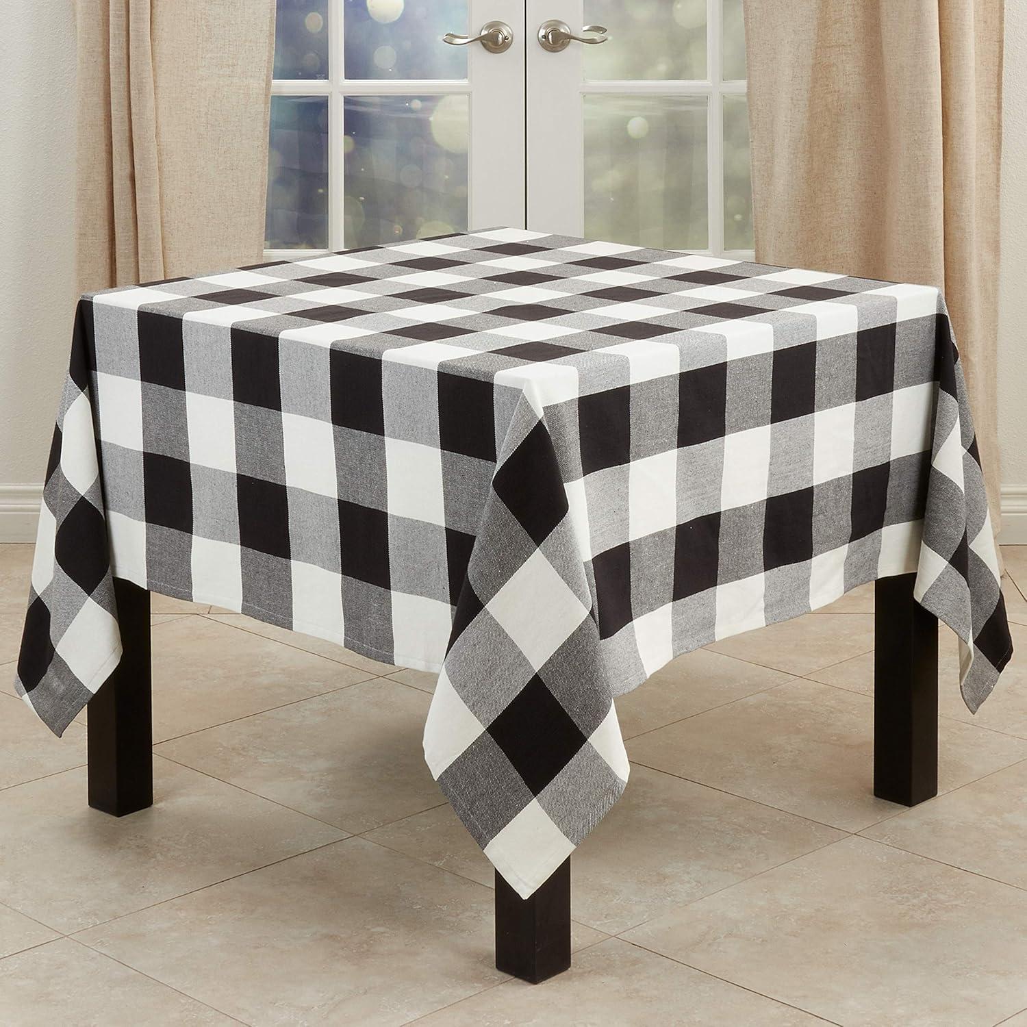 70" Square Black and White Cotton Plaid Tablecloth