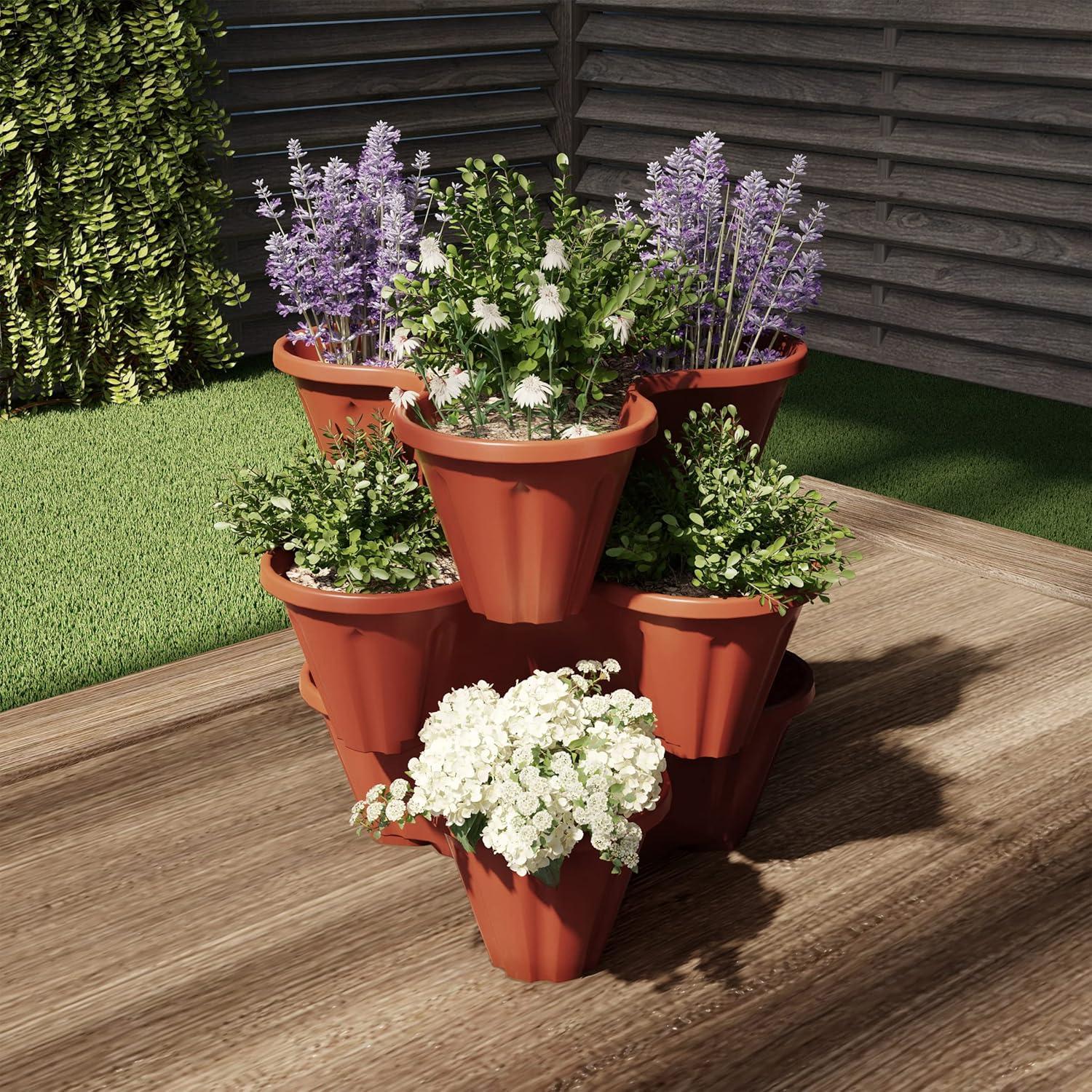 Stacking Planter Tower- 3-Tier Space Saving Flower Pots- Set of 3 Indoor/Outdoor Vertical Herb & Vegetable Garden by Pure Garden (Terracotta Colored)