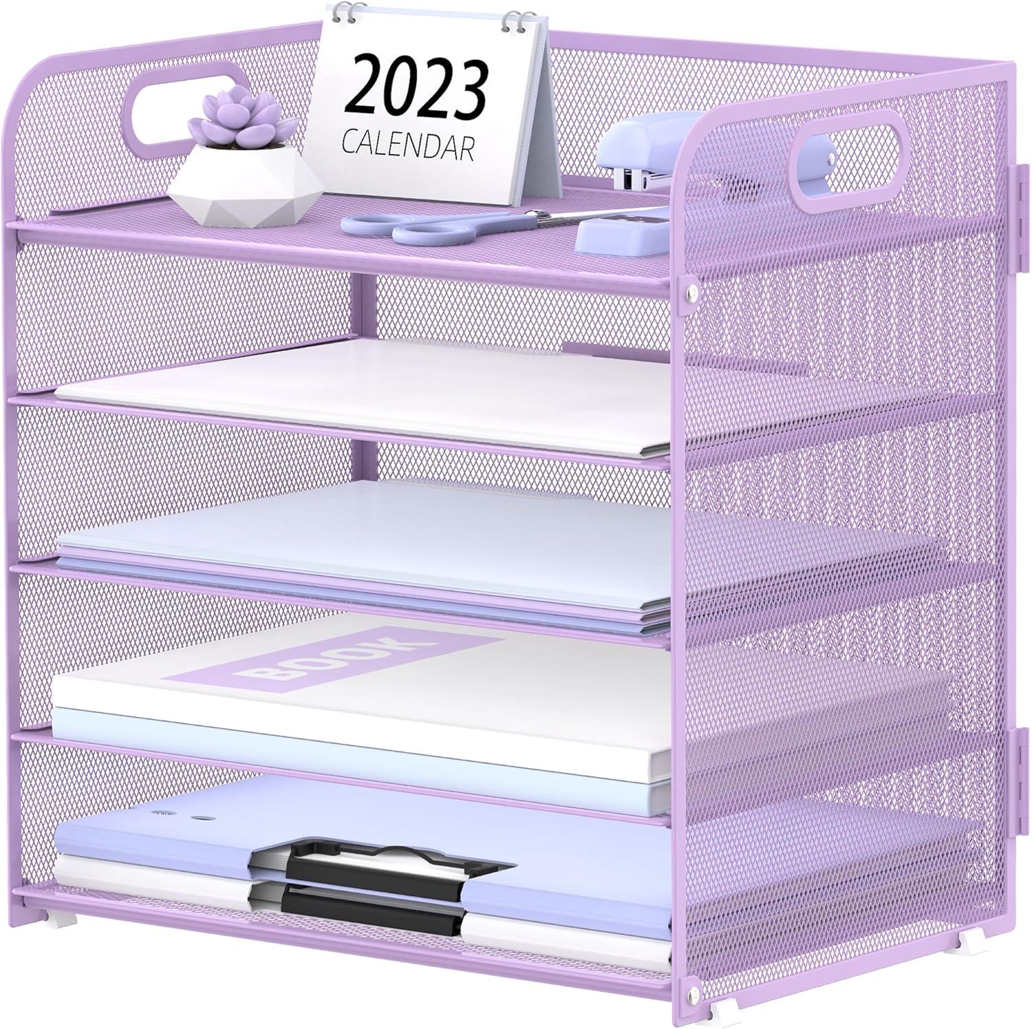 Marbrasse Paper Organizer Letter Tray, 5 Tier Mesh File Organizer with Handle, Paper Sorter Desk Organizer for Home Office Supplies - Purple