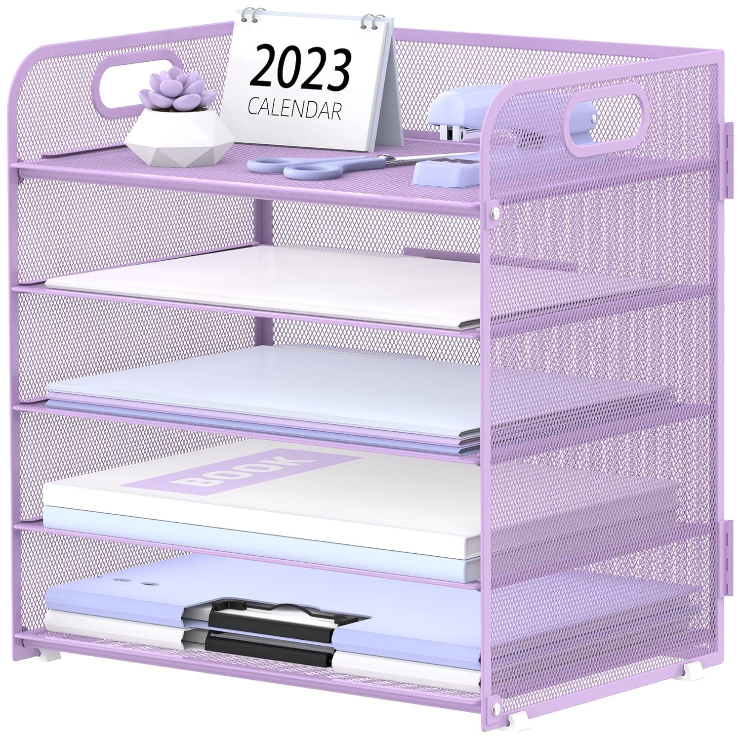 Marbrasse Paper Organizer Letter Tray, 5 Tier Mesh File Organizer with Handle, Paper Sorter Desk Organizer for Home Office Supplies - Purple