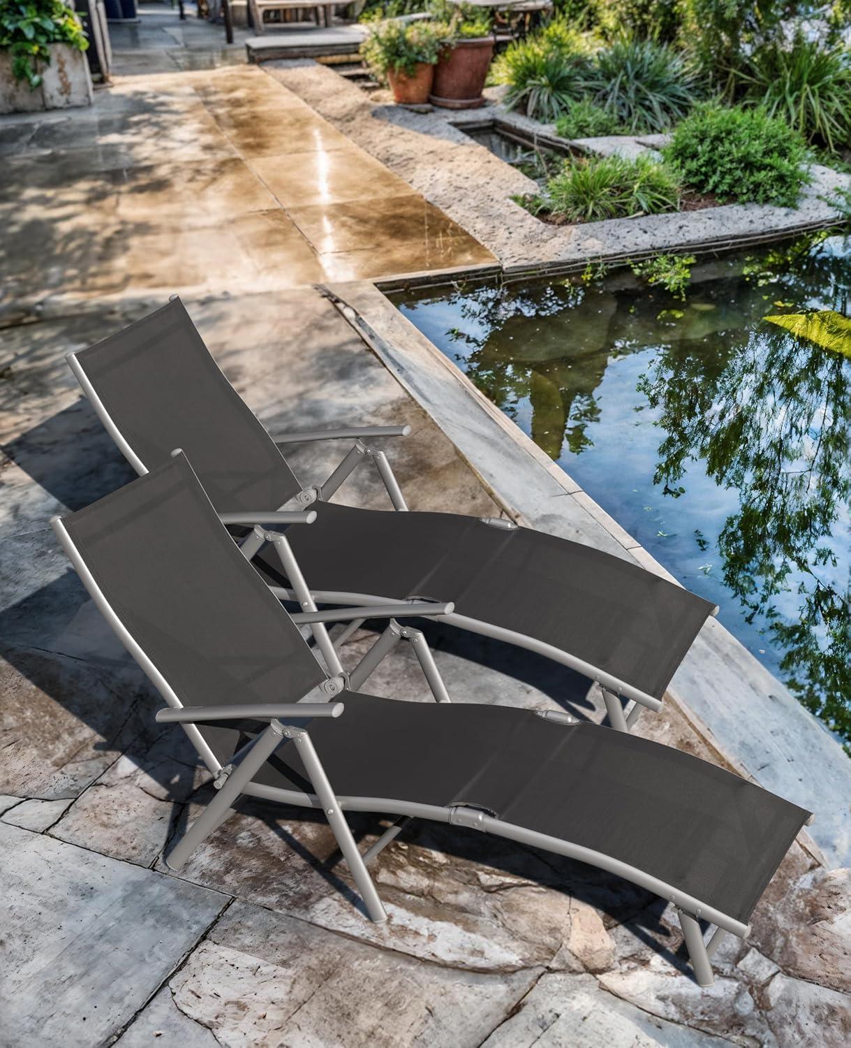 Gray Powder-Coated Steel Outdoor Chaise Lounge Chairs with Arms