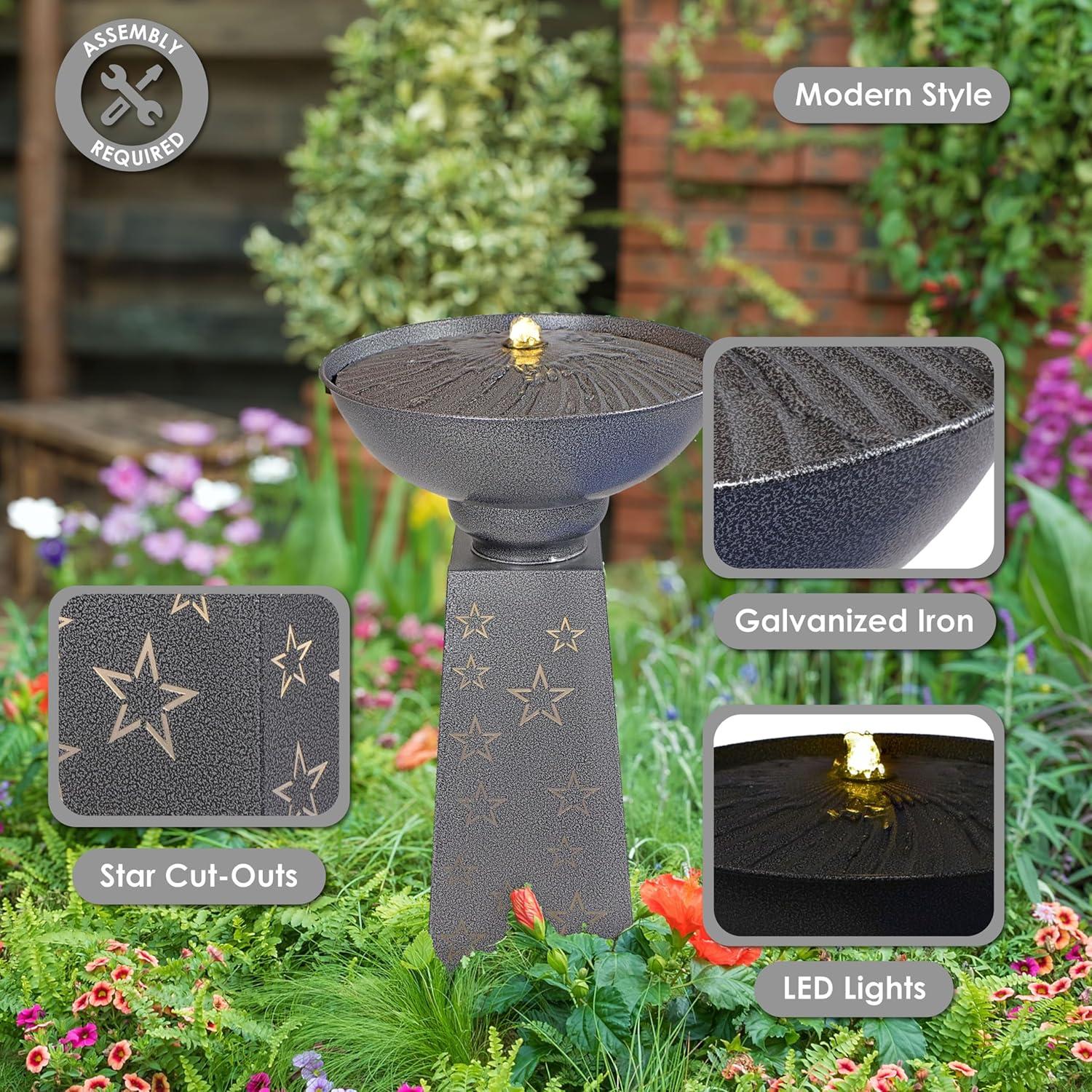 Starry Sky Black Galvanized Iron Bird Bath Fountain with LED Lights