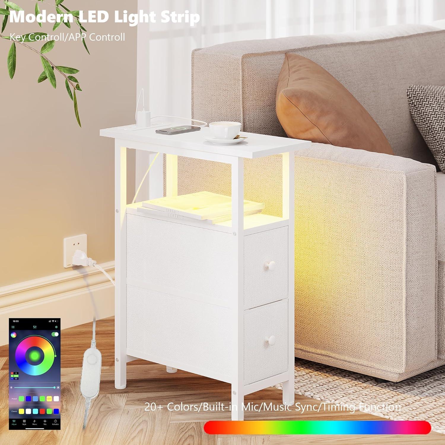 End Table with Charging Station, Narrow Side Table with 2 Fabric Drawers, Skinny Nightstand with LED Light, Slim Bedside Table for Bedroom, Living Room, Small Spaces, White