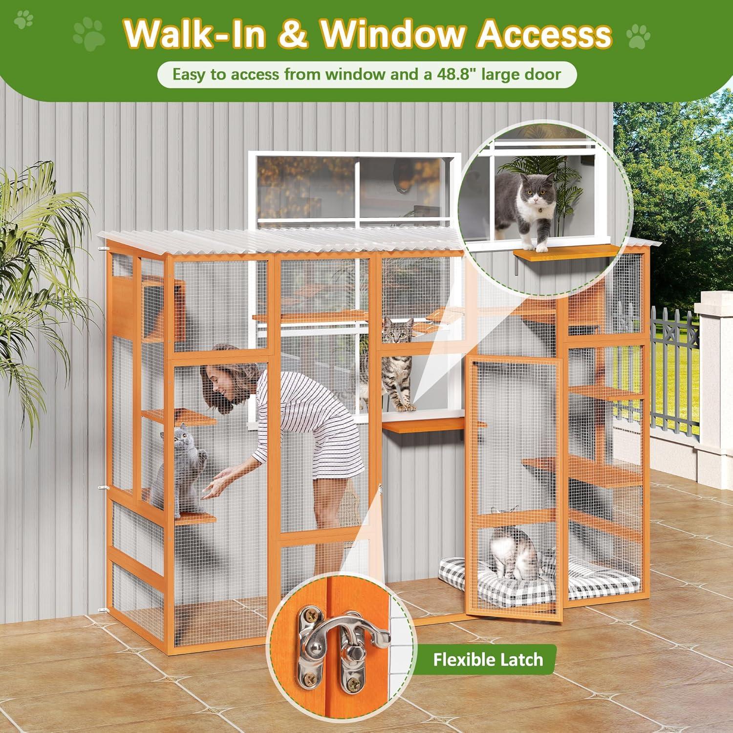 COZIWOW Outdoor Cat Enclosure, Catio Pet Safe House, 104" Extra Large Indoor Window Box with 7 Platforms, Resting Houses, and Walk-In Door, Orange