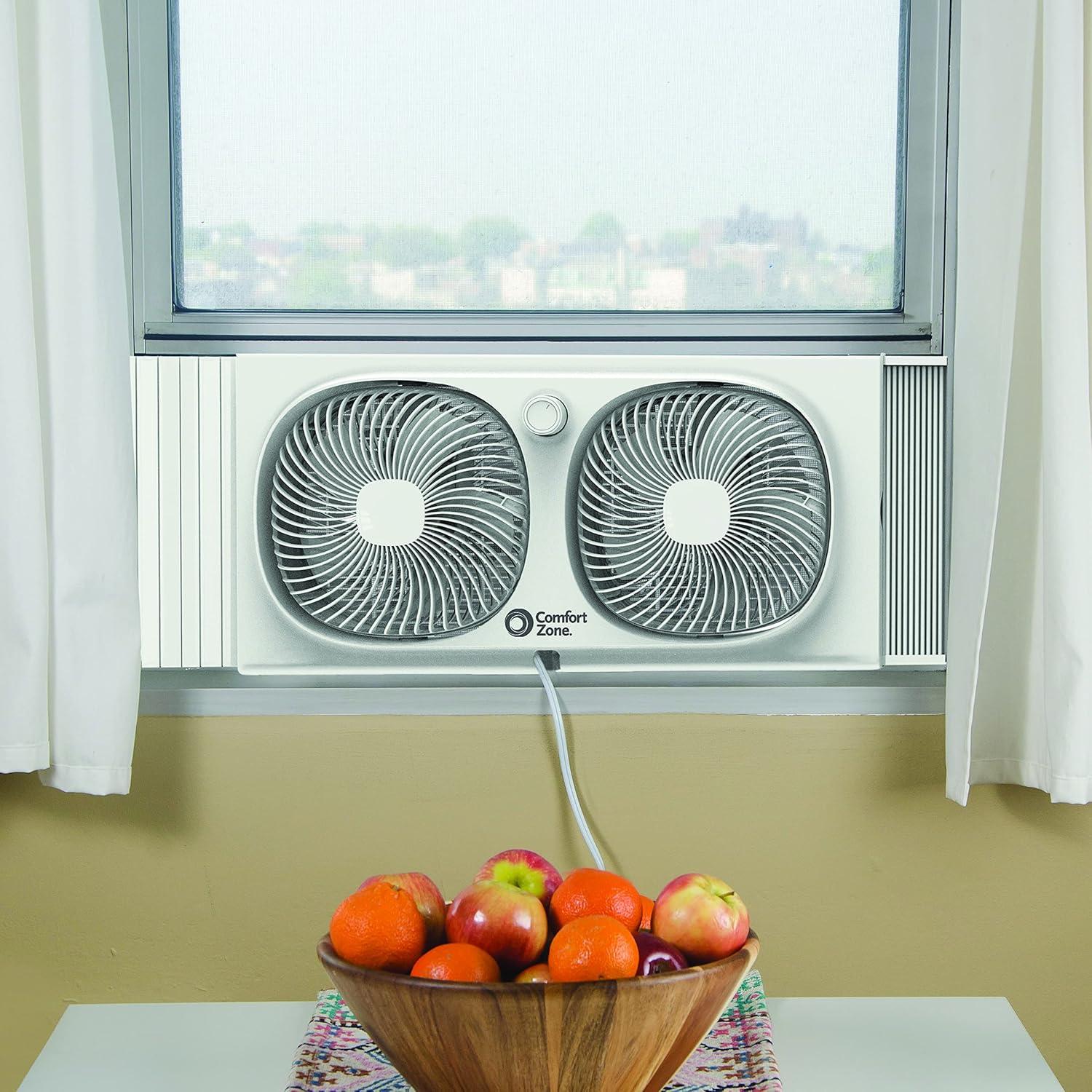 Comfort Zone 9" Twin Window Fan, 2 Speeds, Rotating Heads, Bug Screen