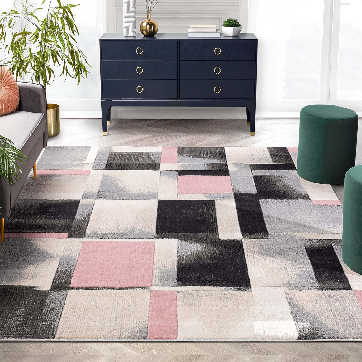 Blush Pink and Black Geometric Rectangular Area Rug 5' x 7'