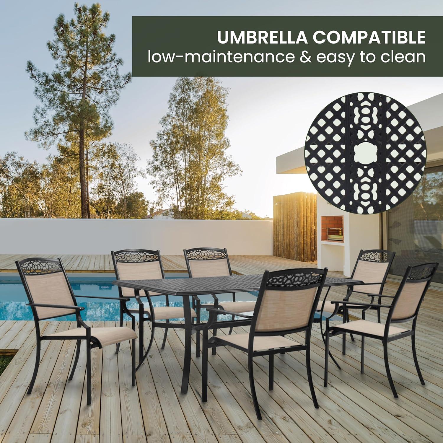Hanover Lisbon 7-Piece Set: 6 Sling Stationary Chairs and 39 in. x 68 in. Cast-Top Dining Table in Tan, LISBON7PC-TAN