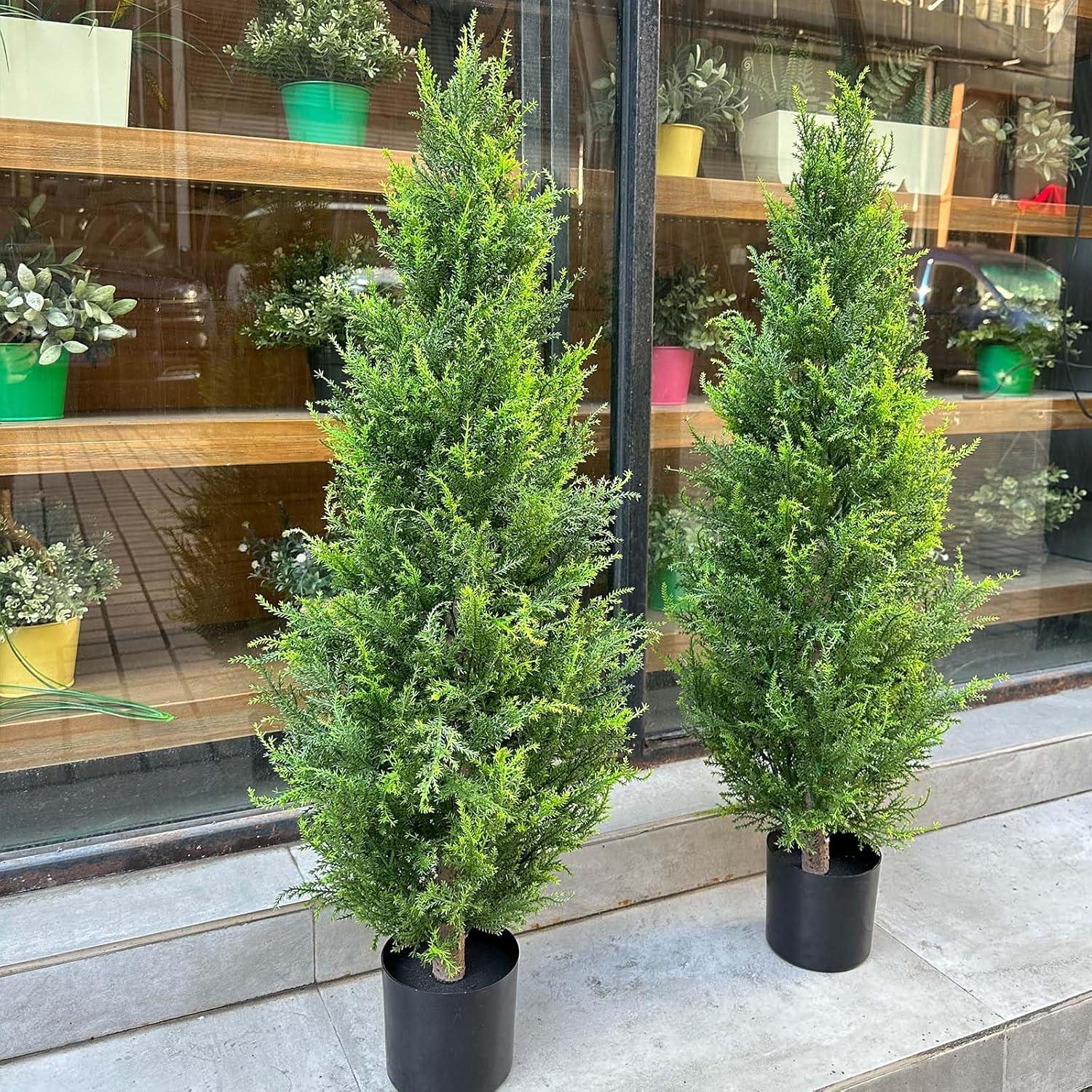 Artificial Cedar Tree 2 Pack 3 ft Outdoor Artificial Topiary Cedar Plants Fake Tree UV Rated Potted Plants for Porch Decor Faux Pine Tree for Perfect Housewarming Gift