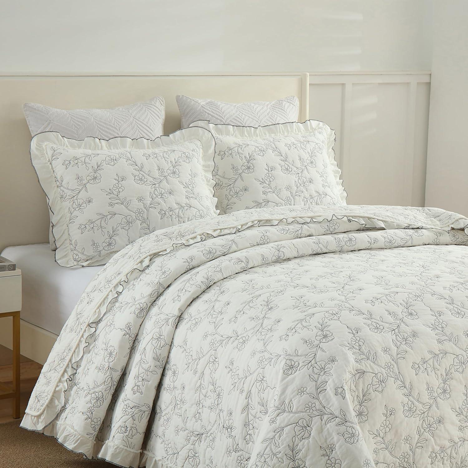 Queen Size White Cotton Floral Embroidered Bedspread Set