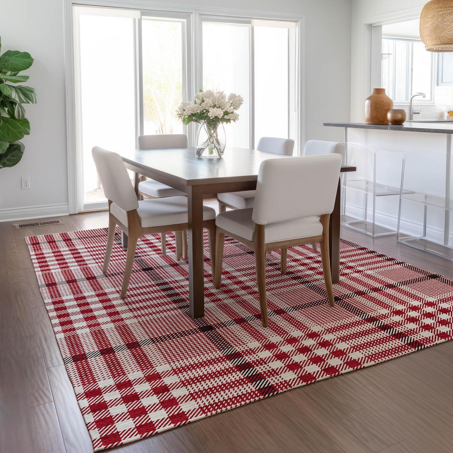 Red Plaid Synthetic Washable Indoor Outdoor Rug 3' x 5'