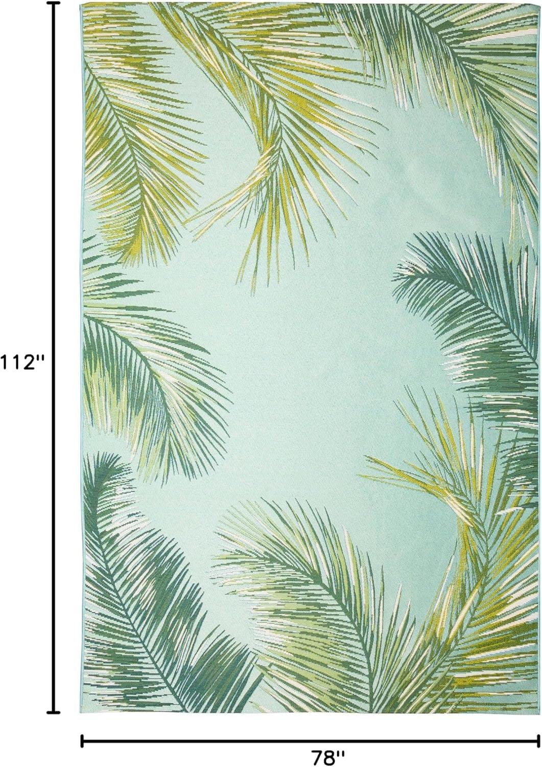 Aqua and Green Palm Leaf Indoor/Outdoor Rectangular Rug