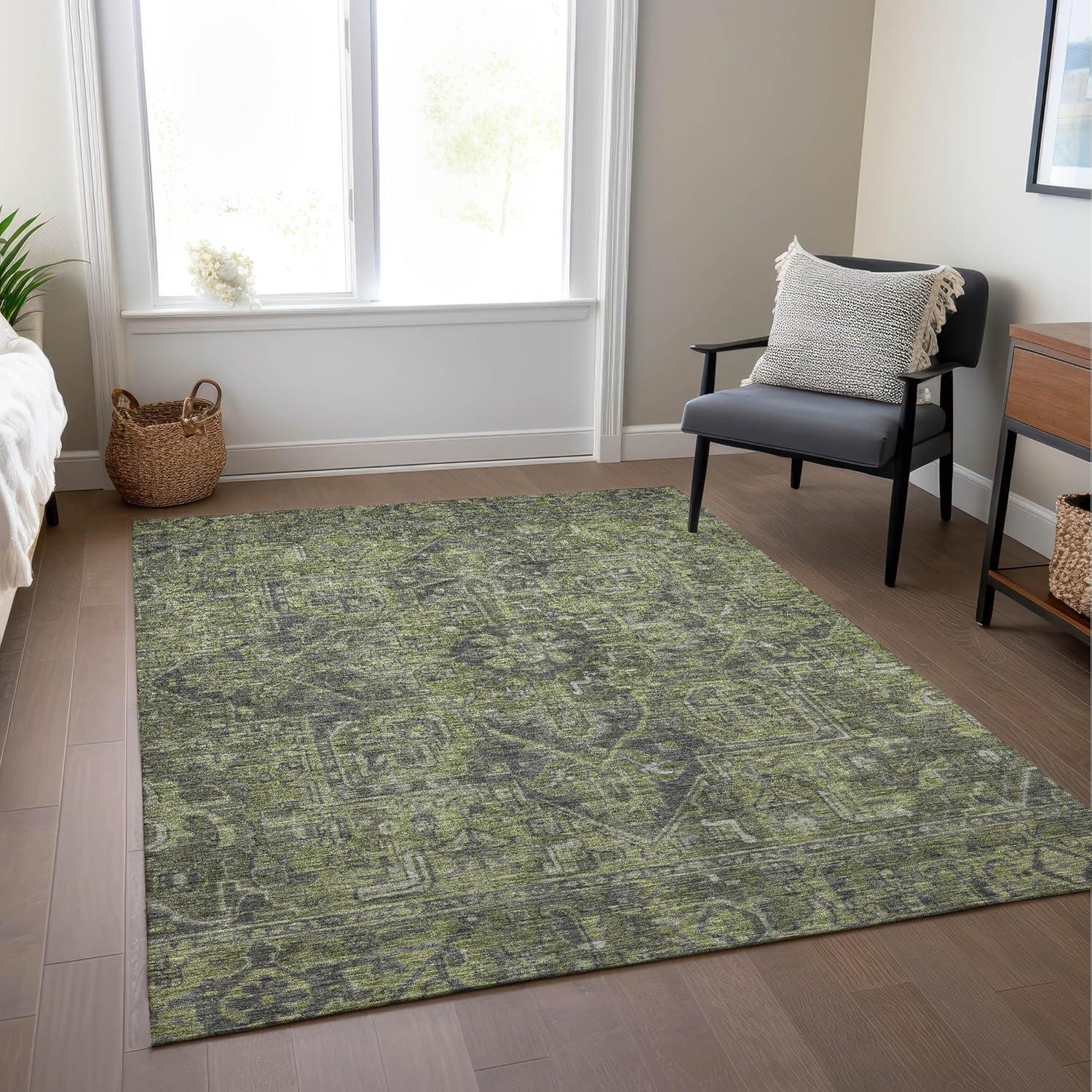 Green Synthetic Oriental 9' x 12' Washable Area Rug