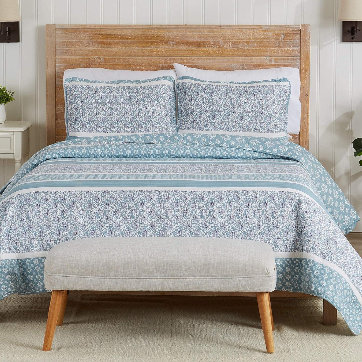 Twin Blue Microfiber Reversible Quilt Set with Shams