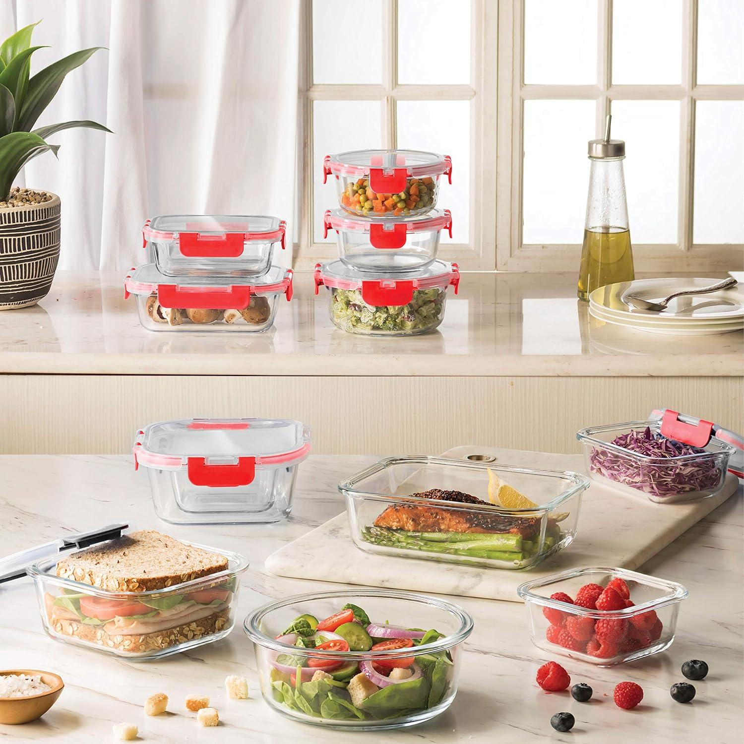 FineDine 24 Piece Glass Storage Containers with Lids - Leak Proof, Dishwasher Safe Glass Food Storage Containers for Meal Prep or Leftovers, Red