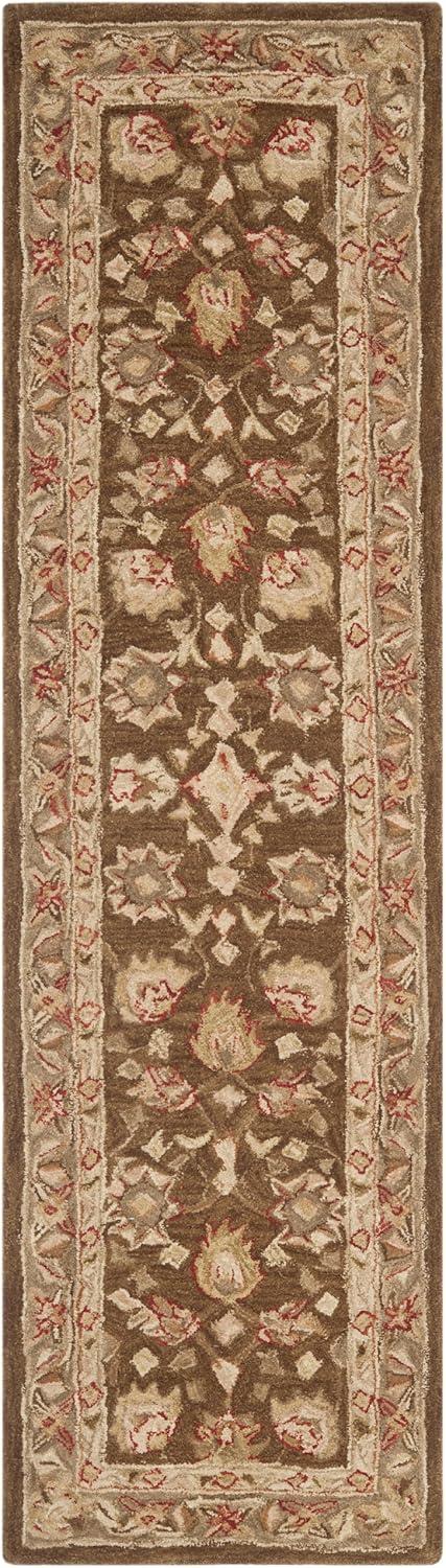 Elegant Anatolia Brown/Green Wool 27" Hand-Tufted Runner Rug