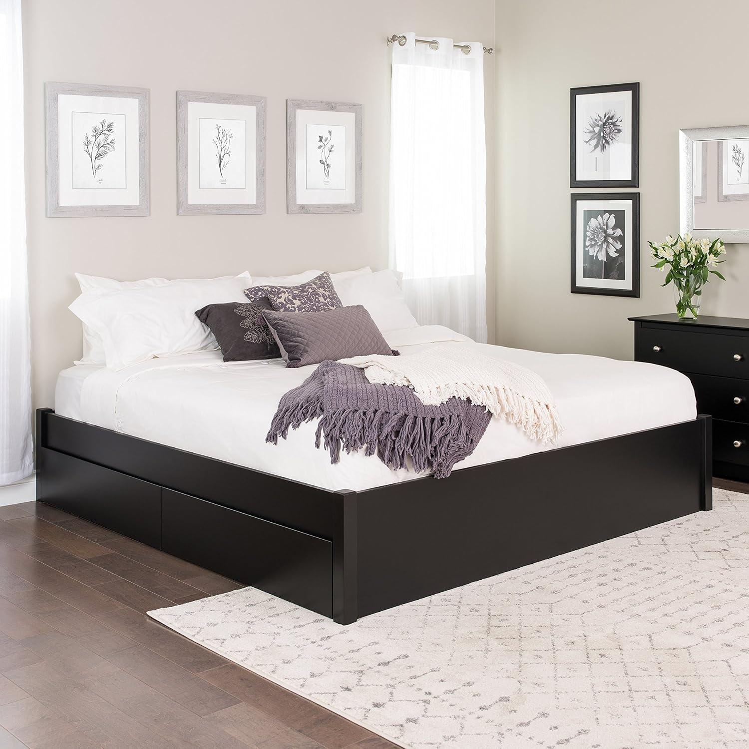 King Select 4-Post Platform Bed with 2 Drawers Black - Prepac: Solid Wood, Storage Functionality