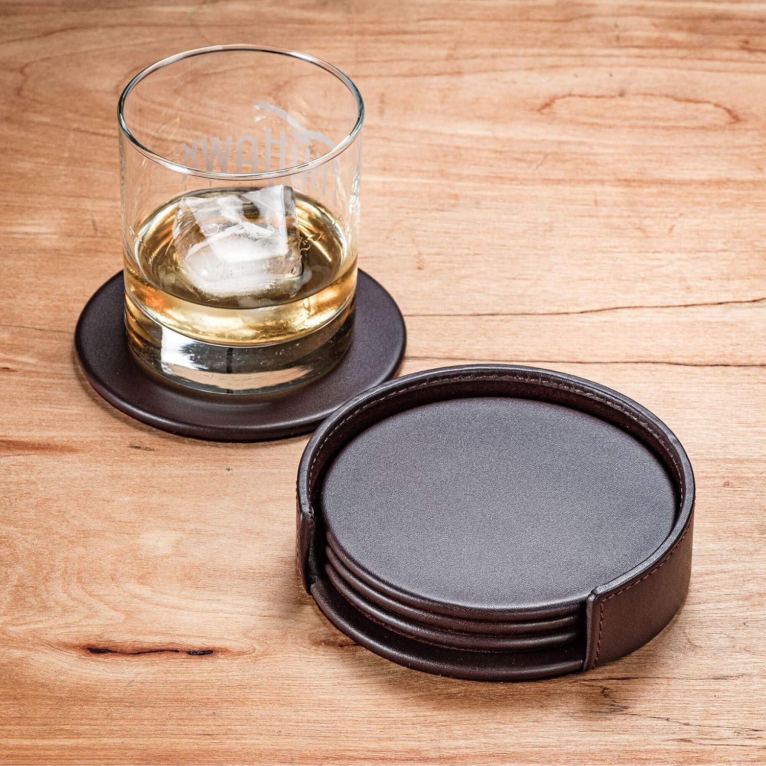 Dacasso  Leather 4 Round Coaster Set with Holder