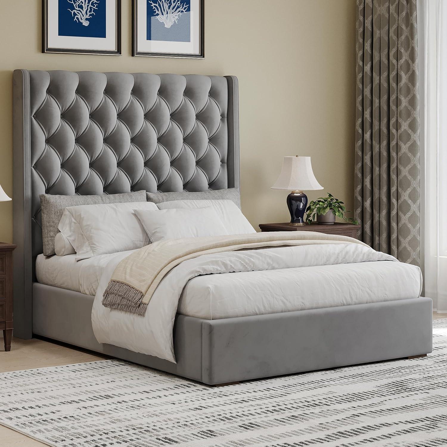 67.5" Tall Headboard Upholstered King Size Bed with Vertical Striped and Wingback Design, Box Spring Needed, Linen