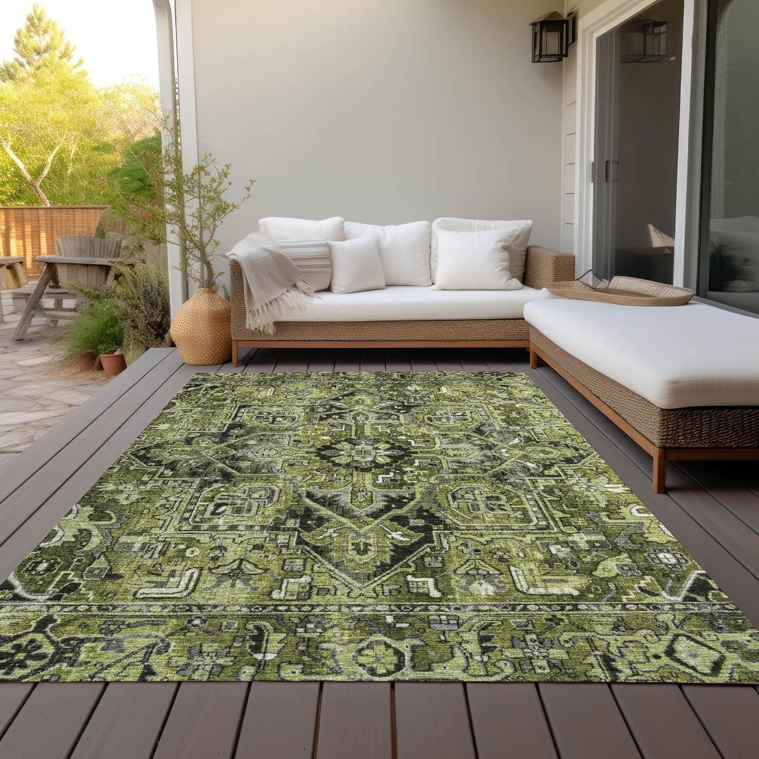 Olive Rectangular Synthetic Oriental 10' x 14' Washable Area Rug