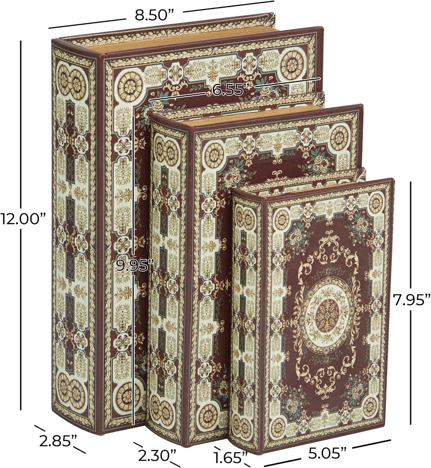 Deco 79 Canvas Decorative Box Storage Book Book Shaped Boxes with Arabesque Pattern and Gold Page Inspired Detail, Set of 3 Decorative Keepsake Boxes 12, 10, 8" H, Red