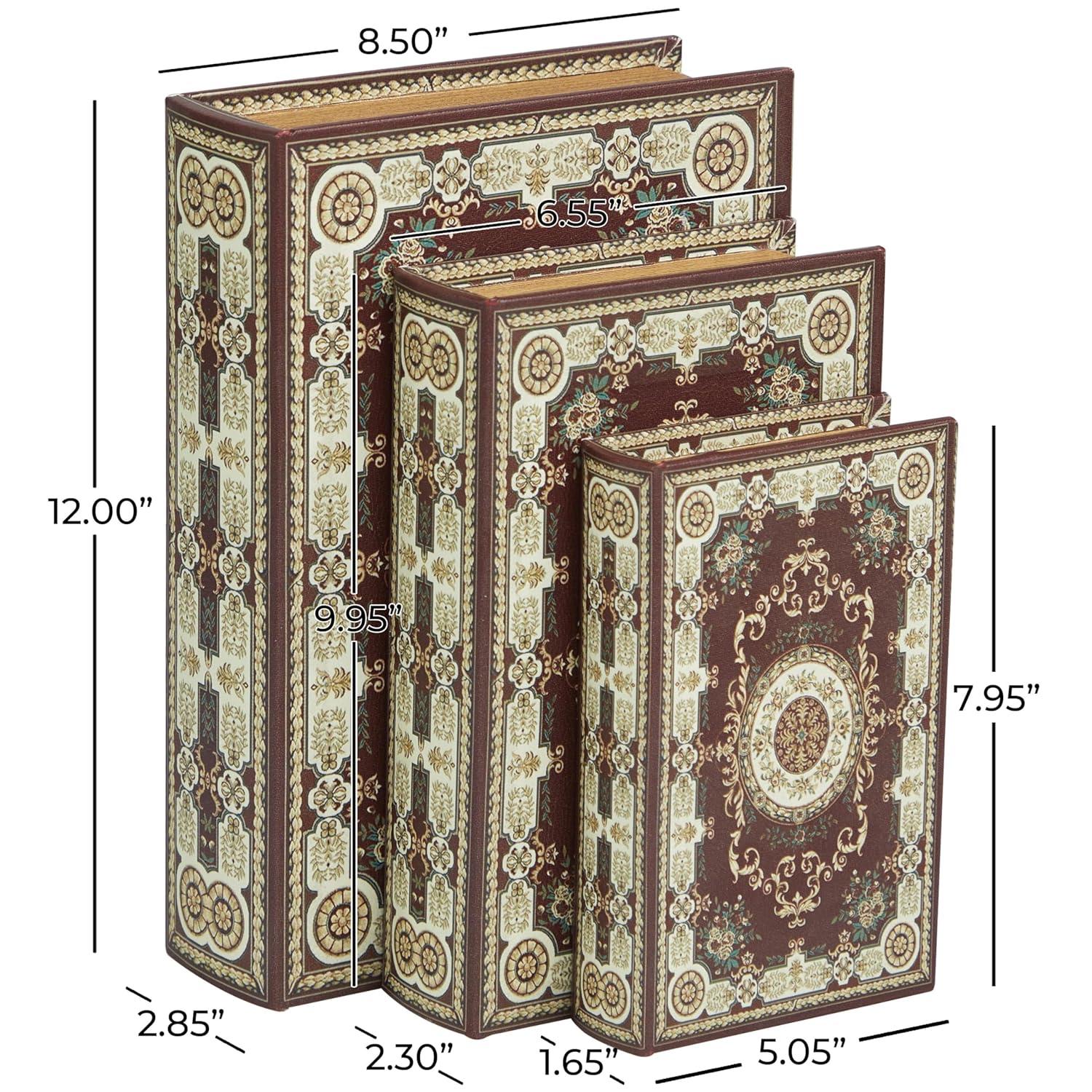 Deco 79 Canvas Decorative Box Storage Book Book Shaped Boxes with Arabesque Pattern and Gold Page Inspired Detail, Set of 3 Decorative Keepsake Boxes 12, 10, 8" H, Red