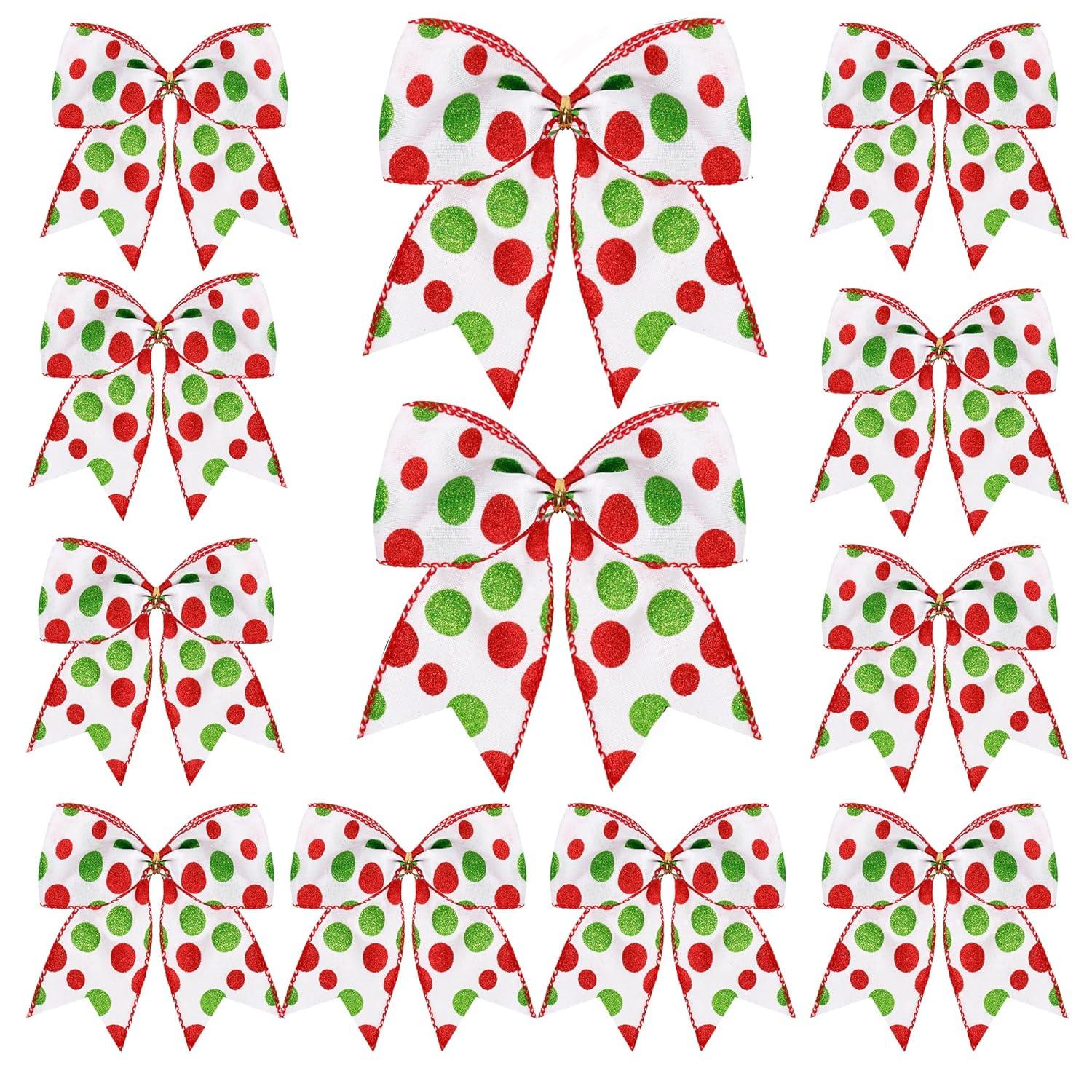 Sandistore Cute Cars 12pcs Christmas Tree Bows Ornaments 6 Inch Large Christmas Wreath Bows Red Green Xmas Tree Bows Christmas Glitter Dot Bows Ribbons Decoration For Garland Diamonds for Crafts