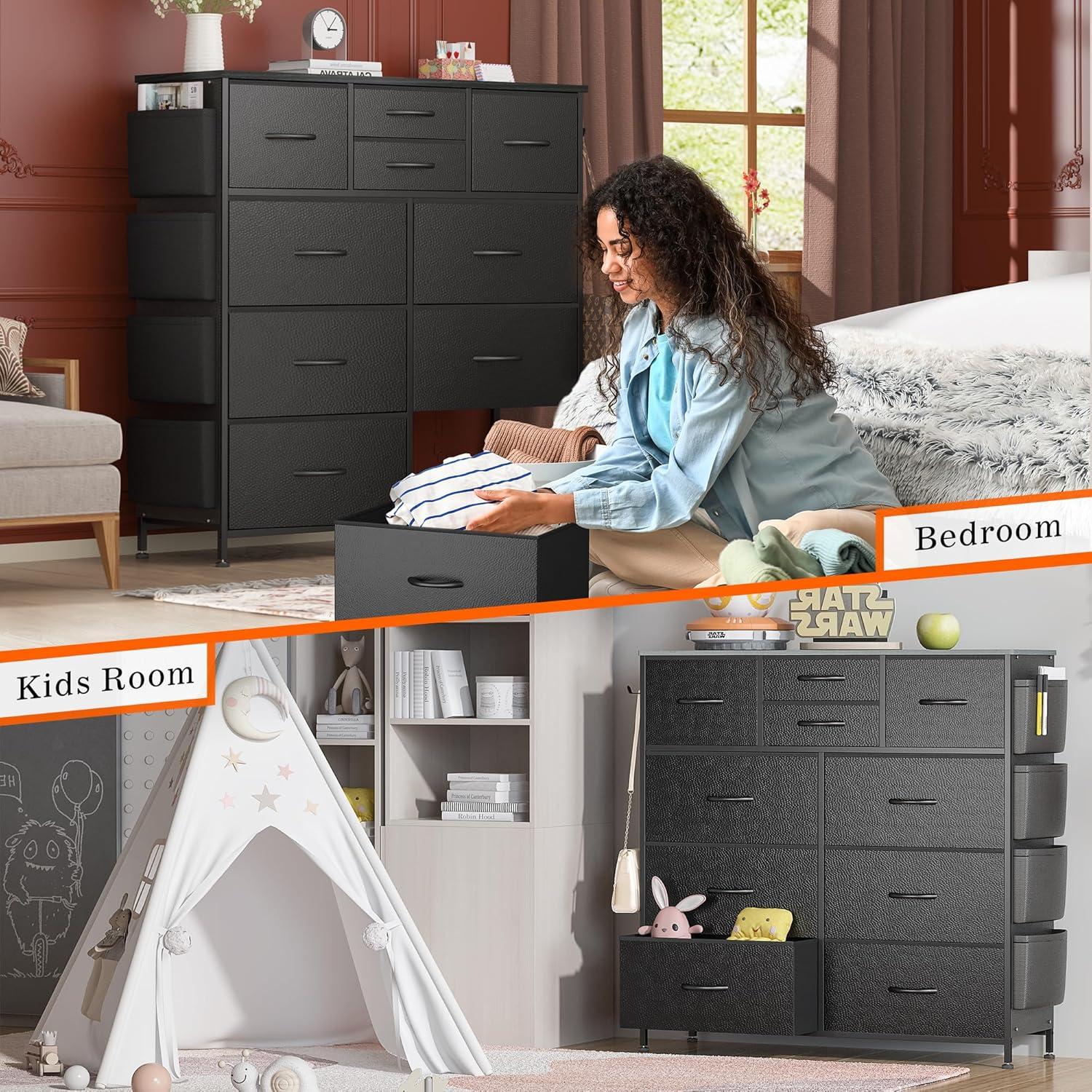 Modern 10-Drawer Fabric Storage Dresser - Tall Chest of Drawers with Steel Frame, Wooden Top, for Bedroom, Closet, Entryway, Black
