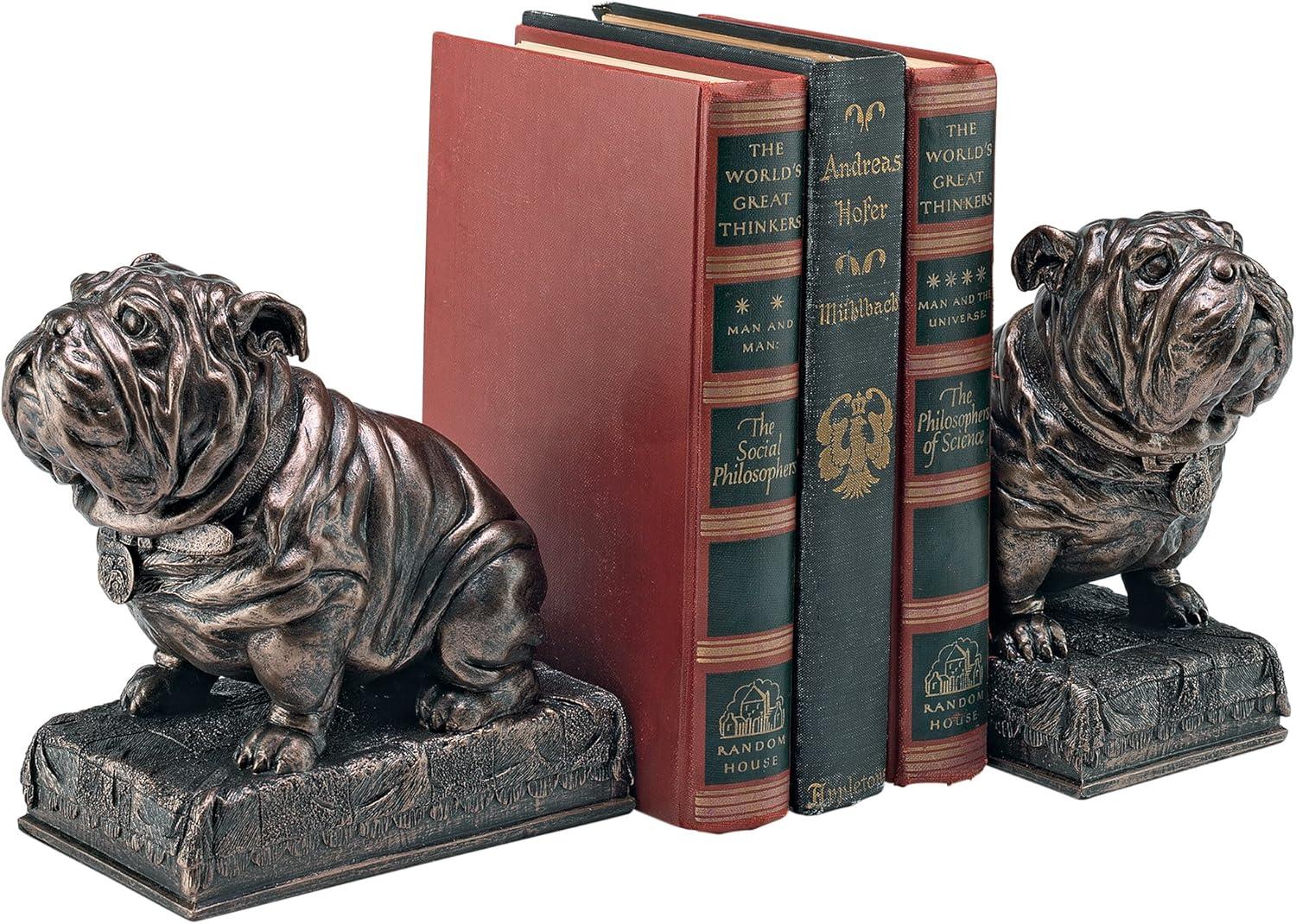 AMIPOR Inch British Bulldog Bookends Resin Sculpture Bookends Hand Painted Bronze Finish Desktop Organizer