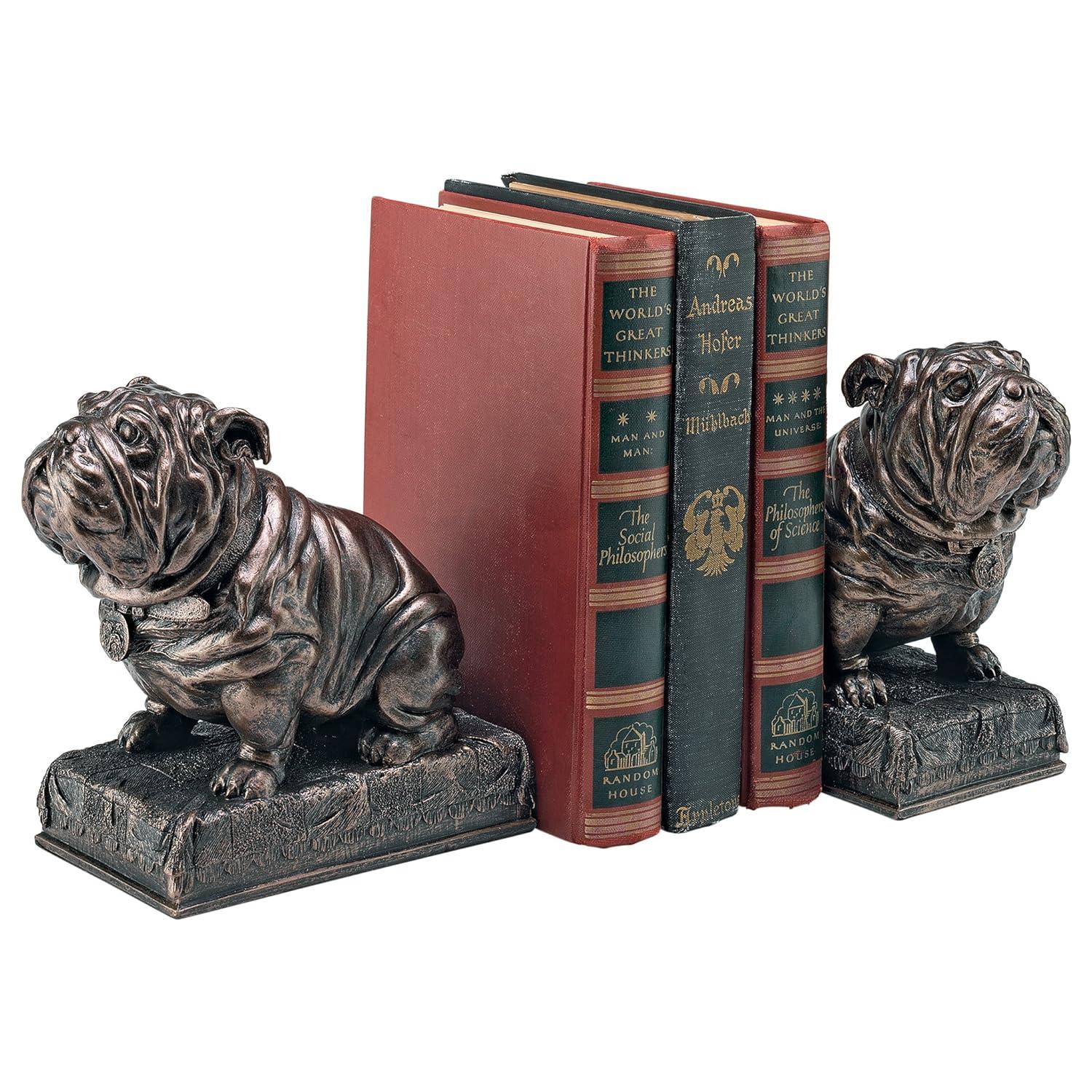 AMIPOR Inch British Bulldog Bookends Resin Sculpture Bookends Hand Painted Bronze Finish Desktop Organizer