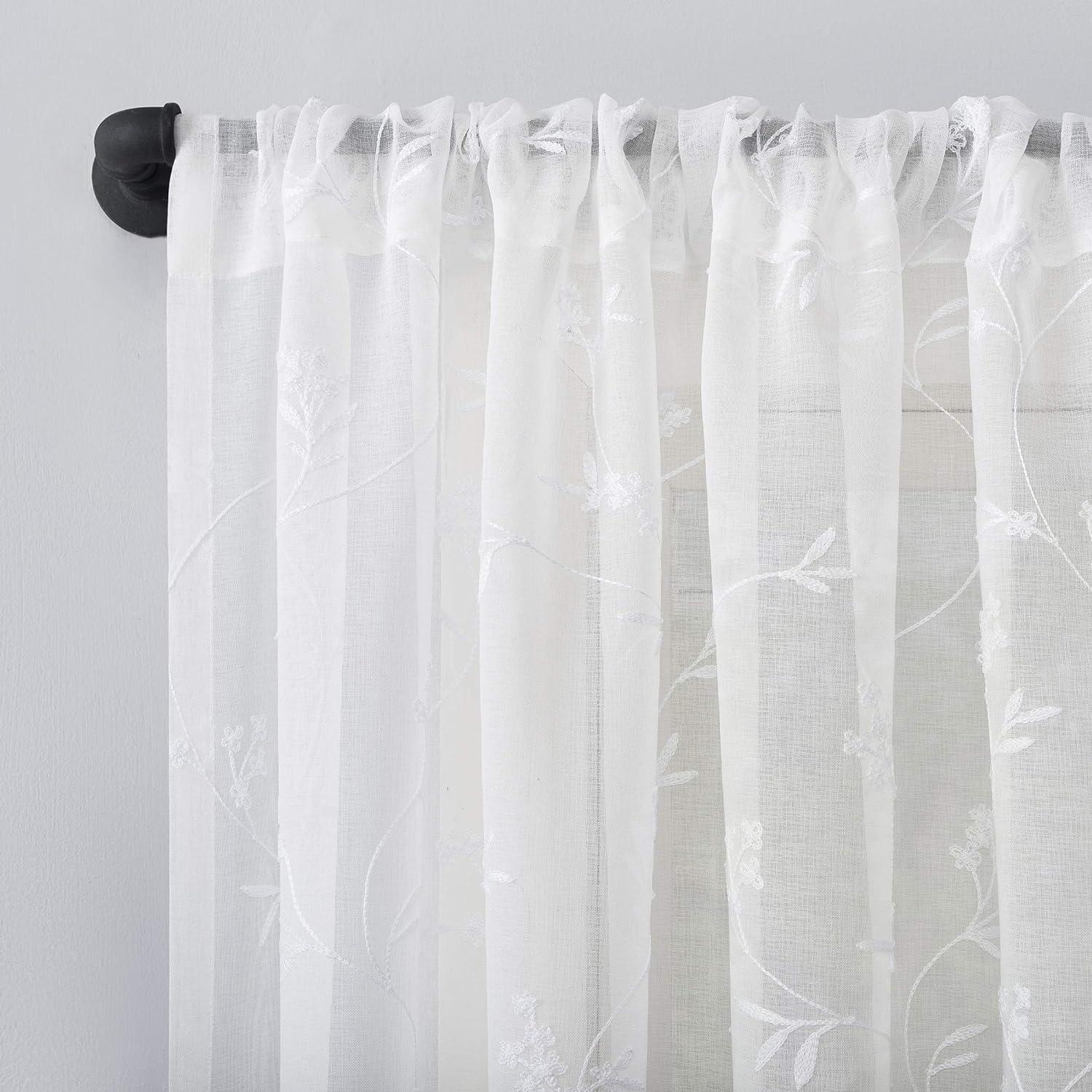 Ivory Sheer Embroidered Floral Rod Pocket Curtain Panel