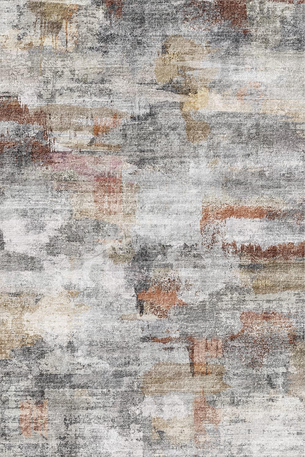 Gray and Rust Abstract Washable Synthetic Area Rug 4' x 6'