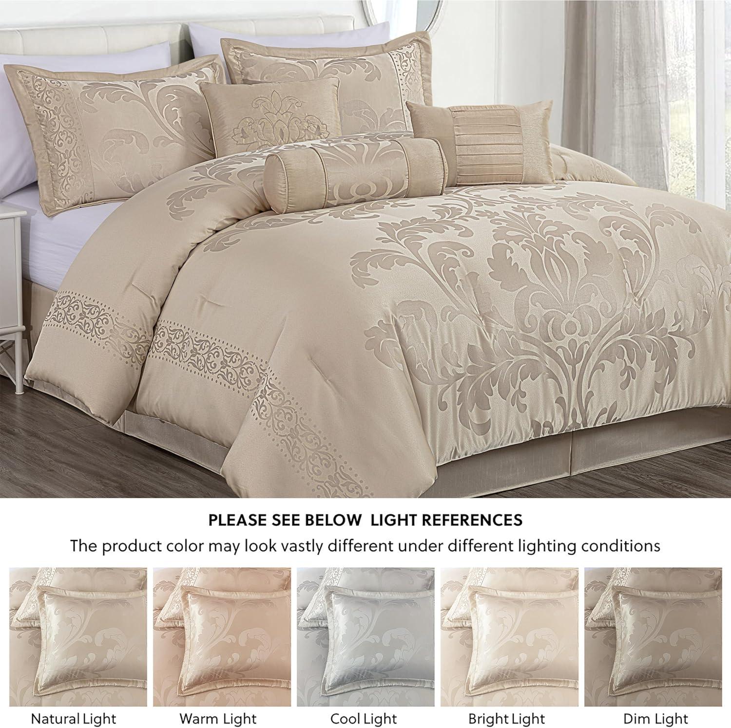 Champagne Jacquard Floral Queen Comforter Set with Decorative Pillows