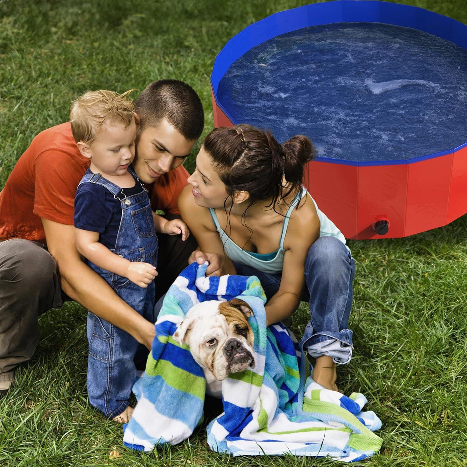 Dog Pool - Portable, Foldable 30.5-Inch Doggie Pool with Drain and Carry Bag - Pet Swimming Pool for Bathing or Play by PETMAKER (Red)