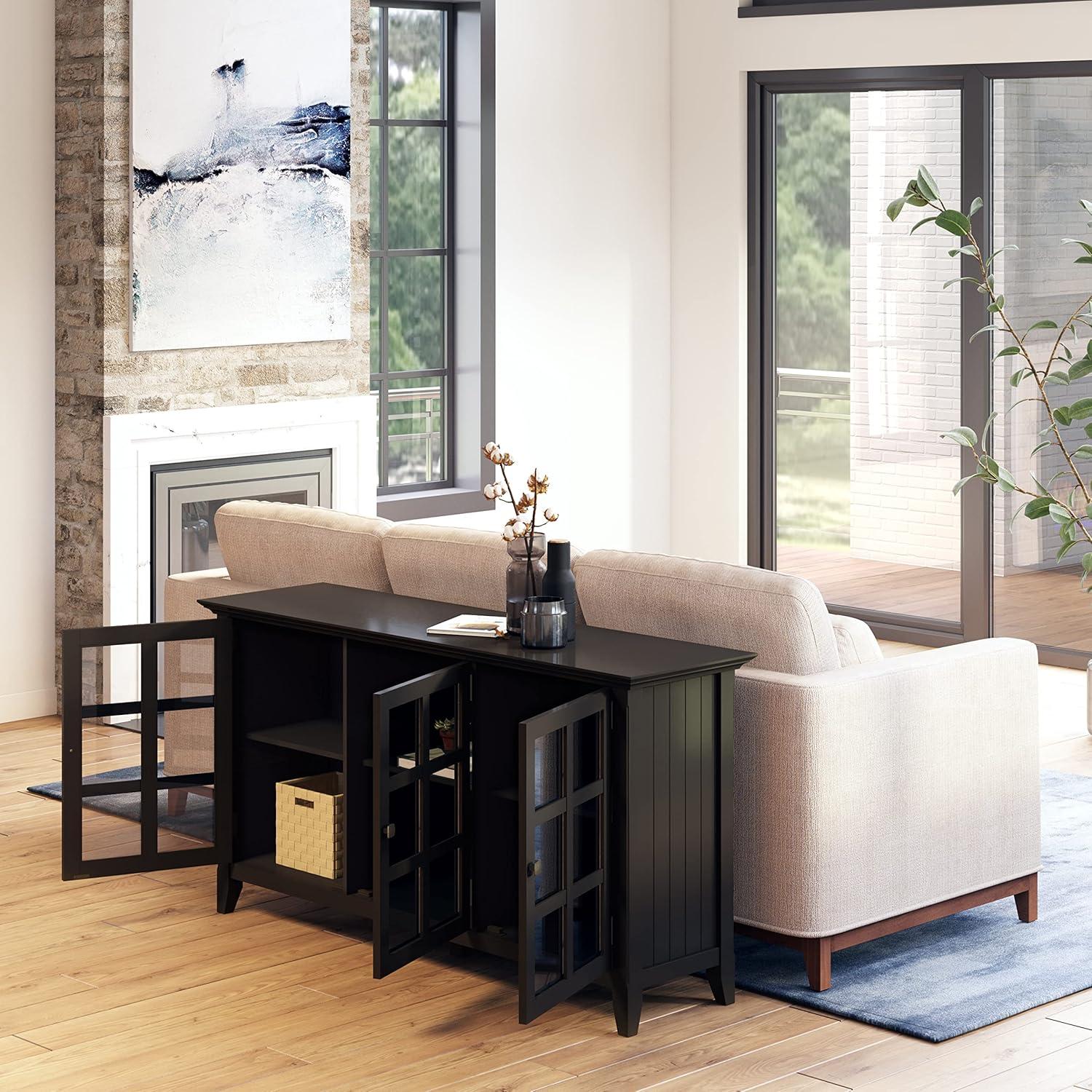 Simpli Home Acadian 62"W Solid Wood 3-Shelf Storage Cabinet with Tempered Glass Doors and Adjustable Shelves