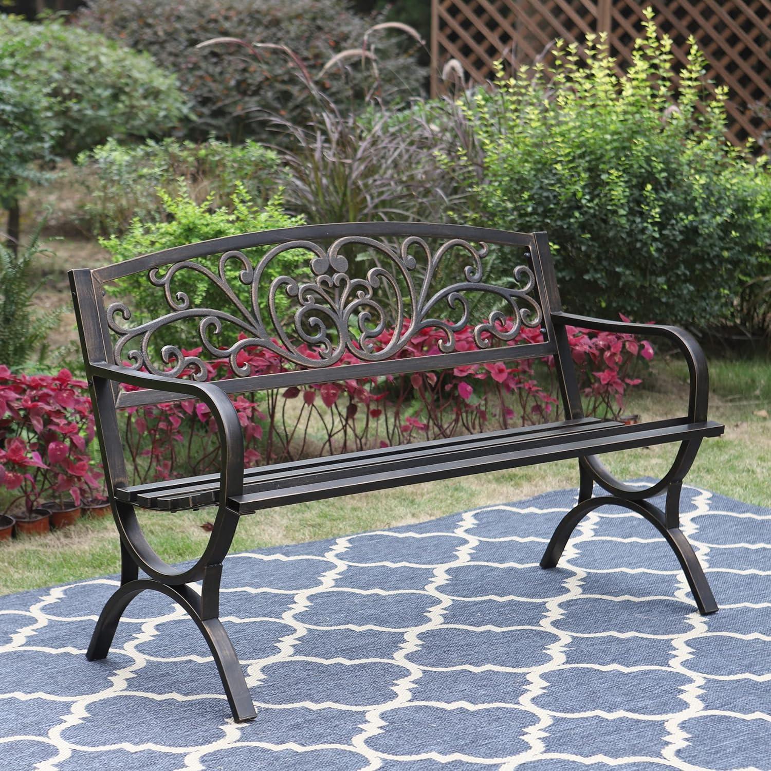 Legahome Steel Back Support and Waterproof Garden Bench, Bronze