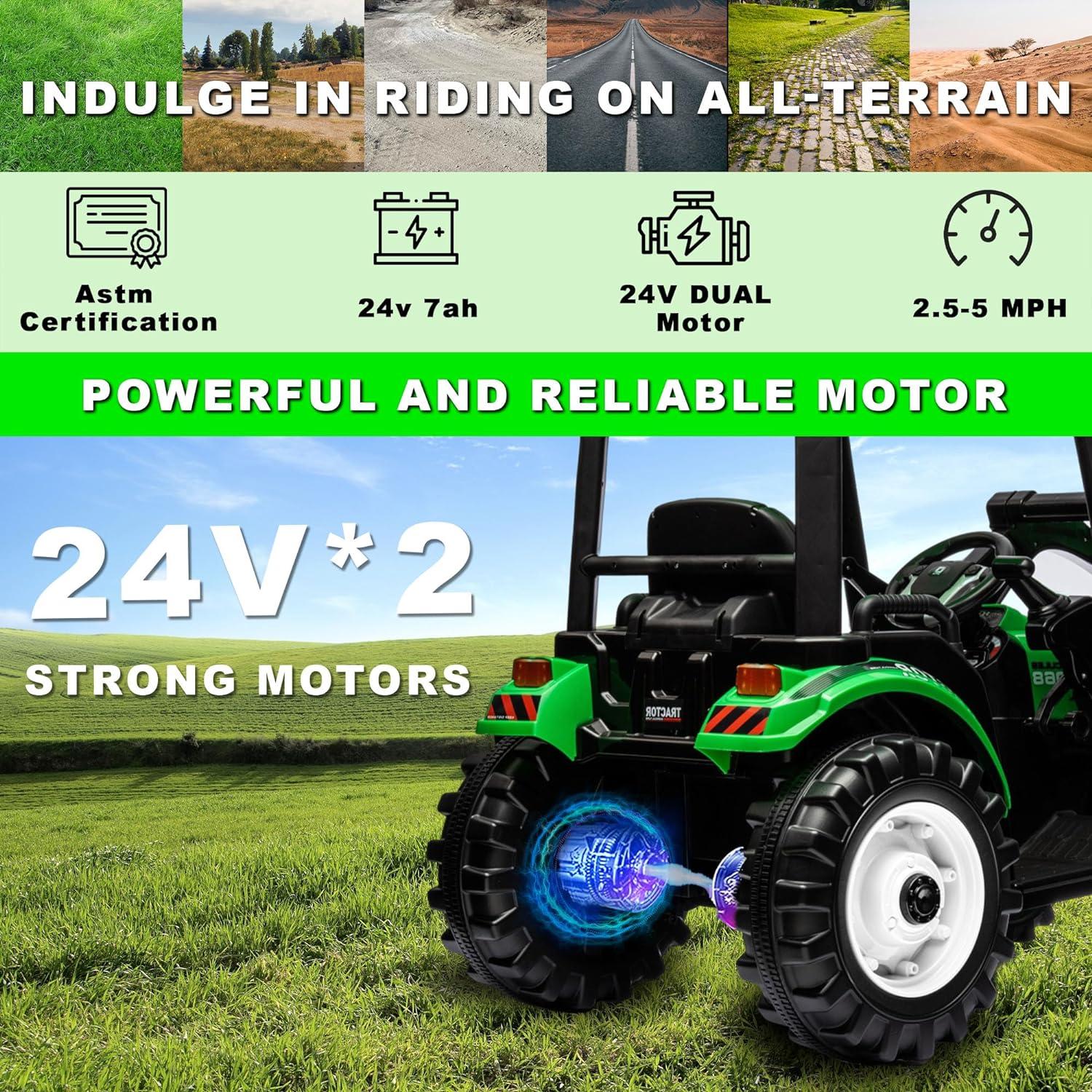 24V Green Kids Ride-On Tractor with Trailer and Loader