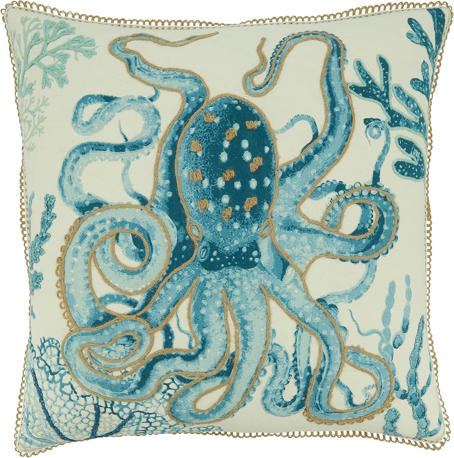 Aqua Blue Cotton Octopus Design 20" Square Throw Pillow Cover