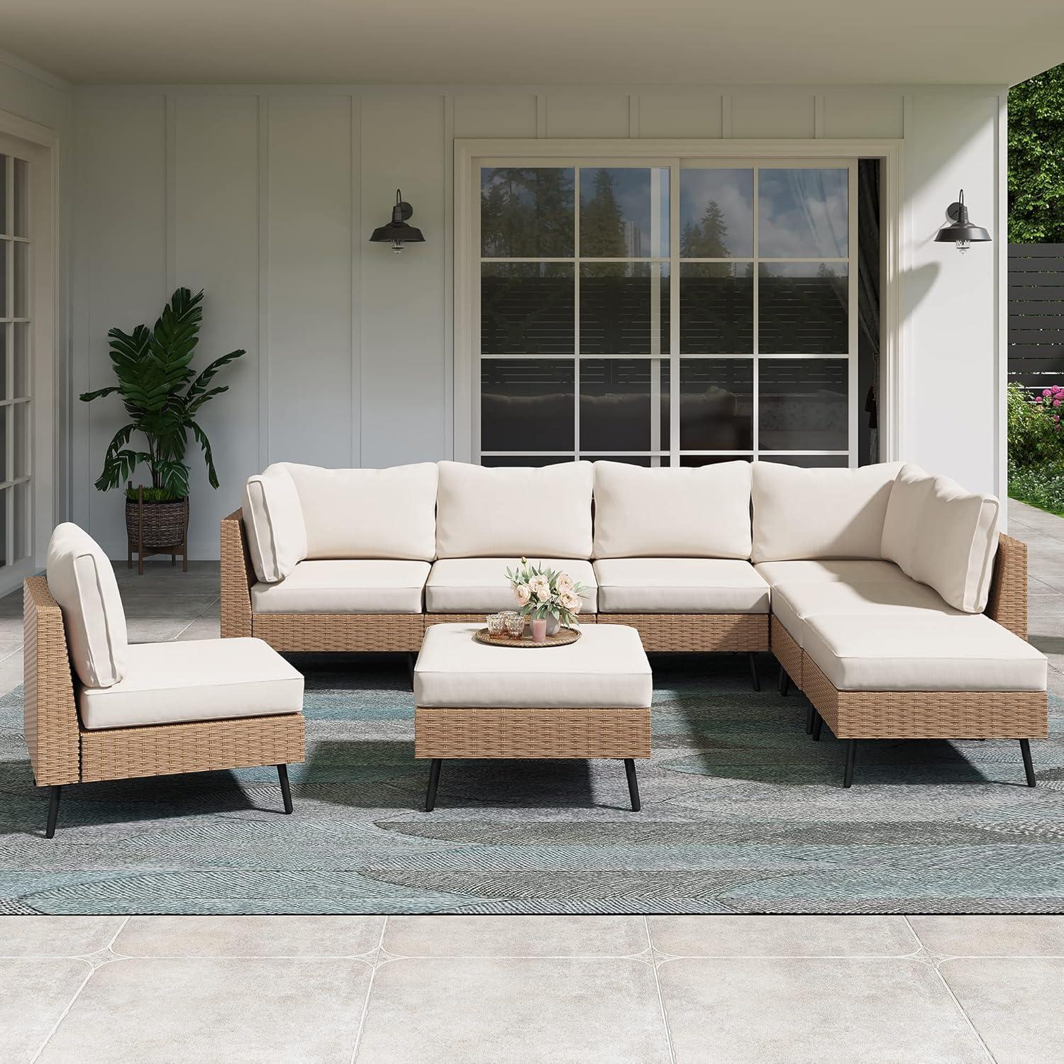 LAUSAINT HOME 8-Piece Patio Furniture Set, Outdoor Sectionals with 6 Chairs, 2 Ottomans and Plush Beige Cushions