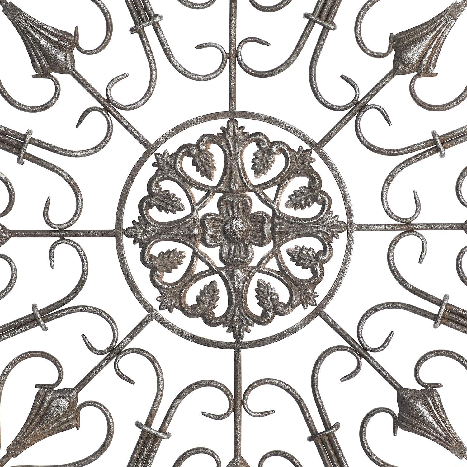 DecMode Brown Wood Arabesque Scroll Wall Decor with Metal Fleur De Lis Relief