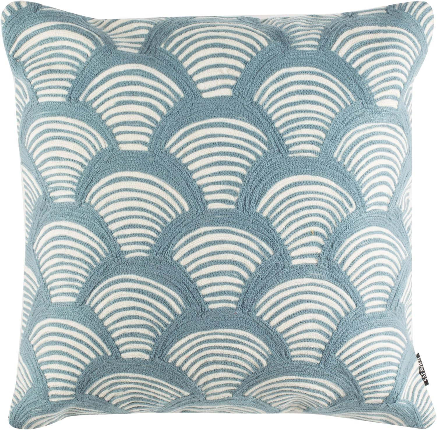 Blue and Beige Embroidered Geometric Square Pillow