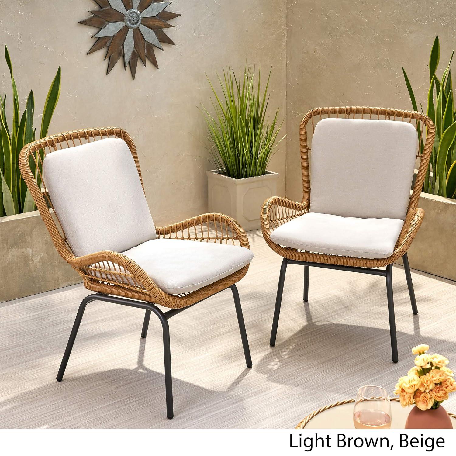 GDF Studio Malden Outdoor Wicker Club Chairs with Cushions, Set of 2, Iron, Beige, and Black