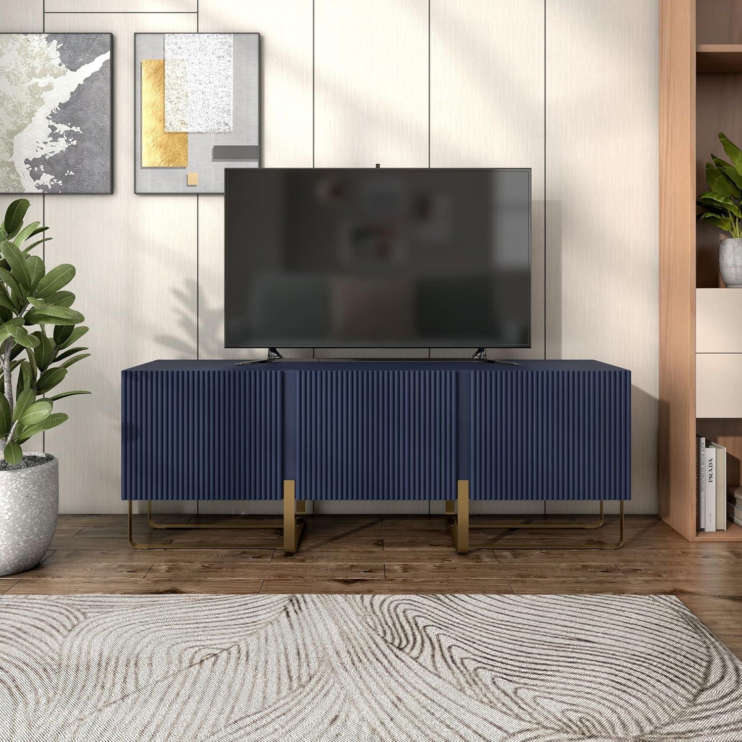 Denhour DH BASIC Modern 60-inch 3-Door Storage TV Stand by  Indigo Blue/Gold