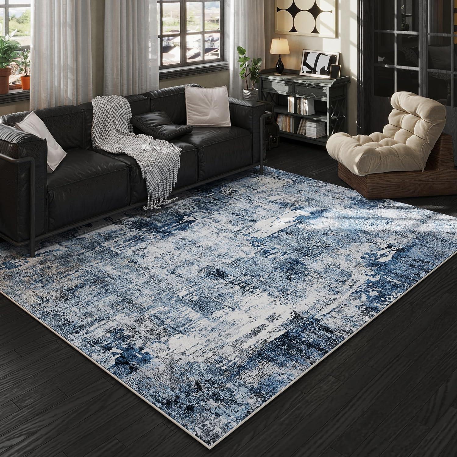 Blue Abstract 5' x 7' Washable Synthetic Area Rug